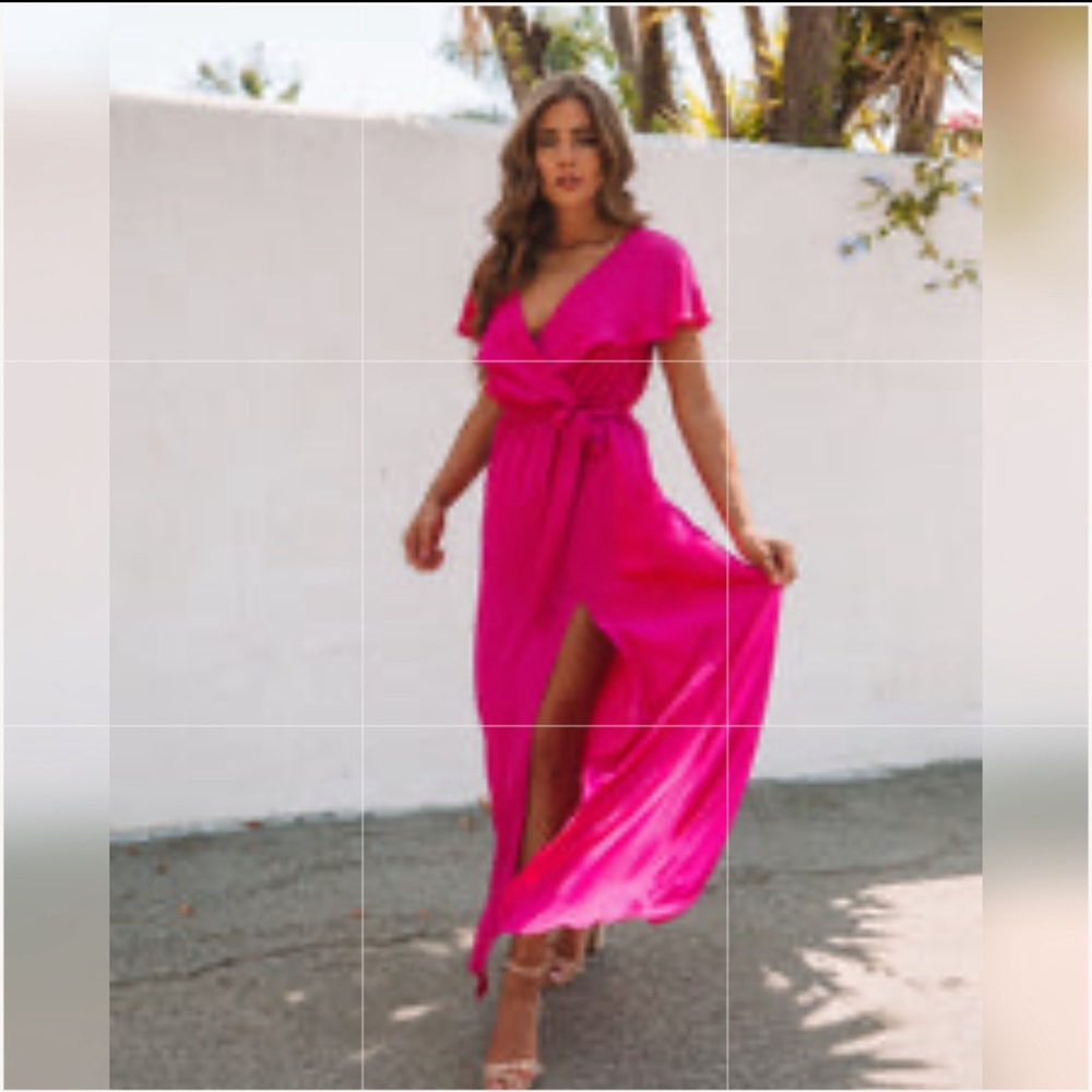 Flutter sleeve pink maxi dress with leg slit